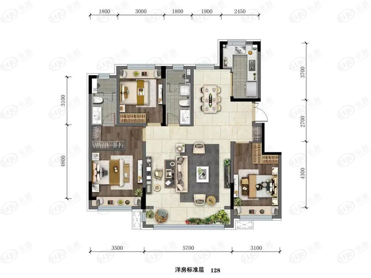 三房户型平面图展示空间布局
